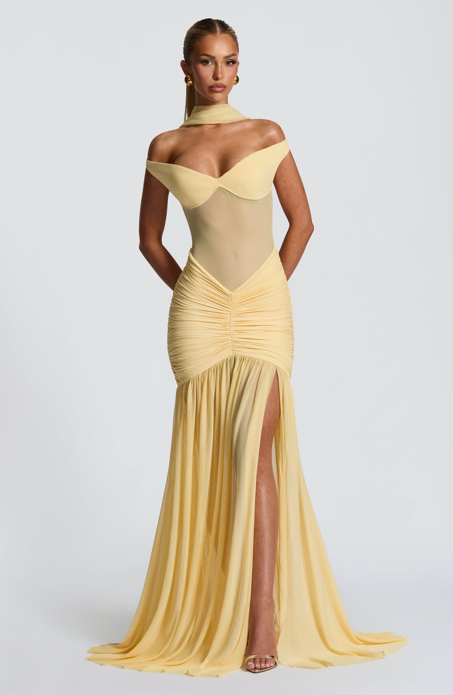 Alaia Maxi Dress in Lemon - Sheer Mesh Bodice, Bardot Neckline, Thigh-High Split
