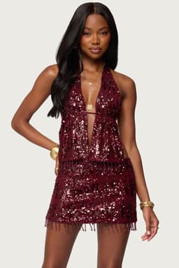 Dalis Fringed Sequin Split Front Halter Top - Polyester