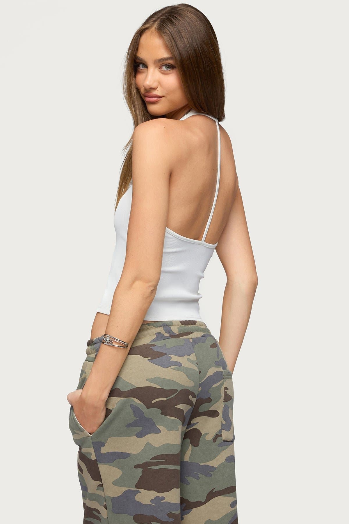 Kristene Ribbed Halter Top - Nylon Spandex Scoop Neck Back Strap Detail