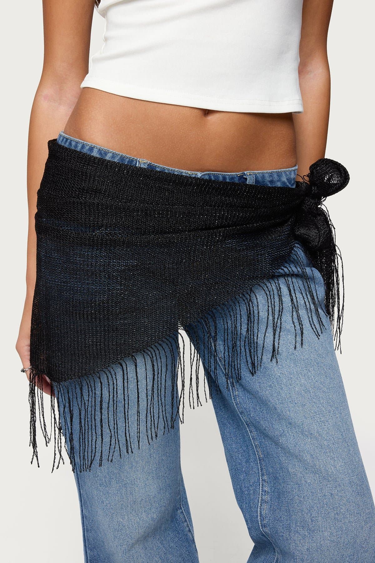 Fringed Waist Scarf with Metallic Detailing - Polyester, 74.8" Length