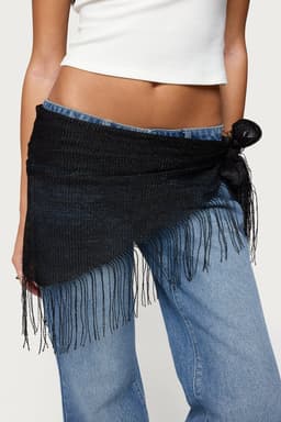 Fringed Waist Scarf with Metallic Detailing - Polyester, 74.8" Length