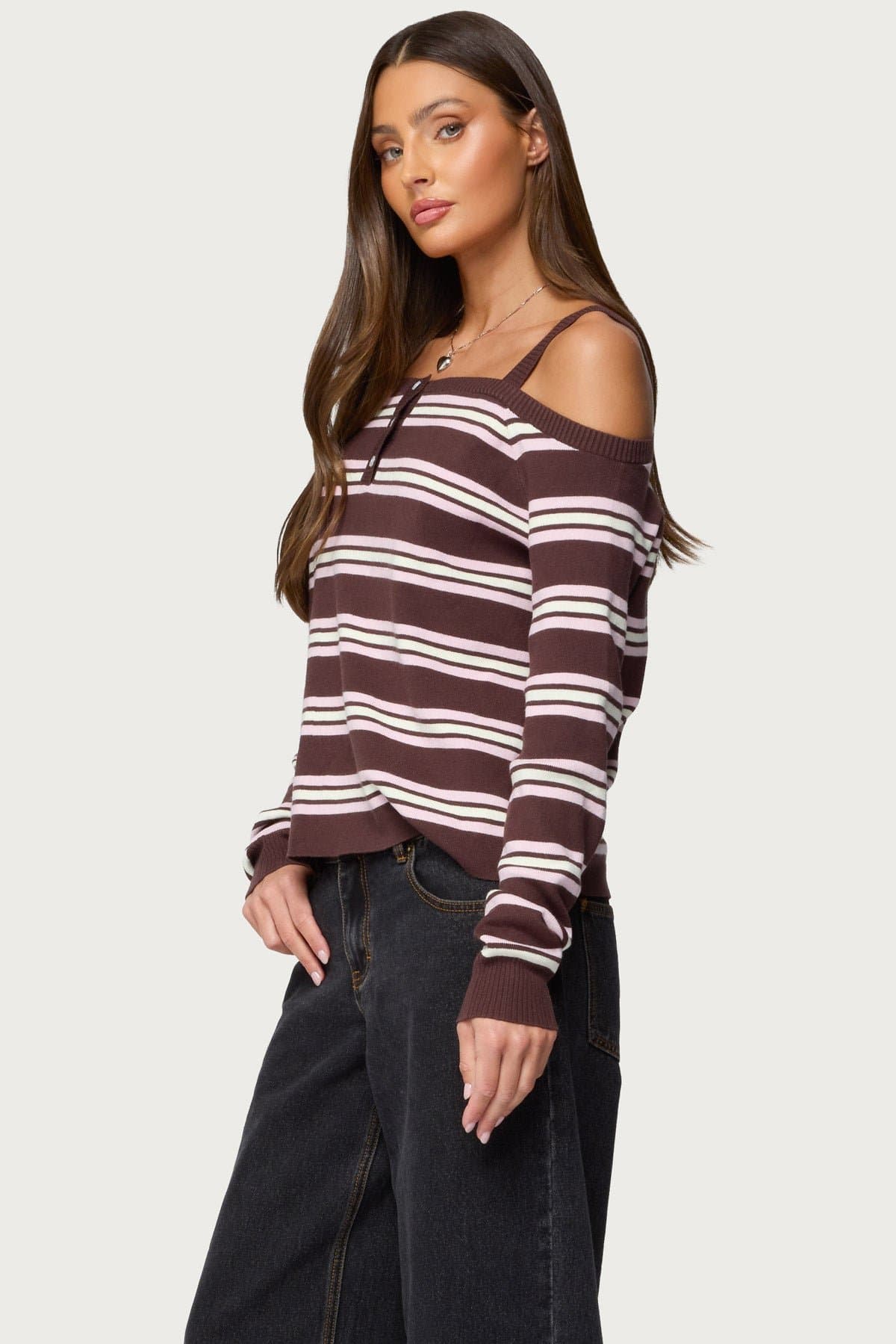 Shyla Off Shoulder Striped Knit Top - Long Sleeve Polyester Rayon Nylon