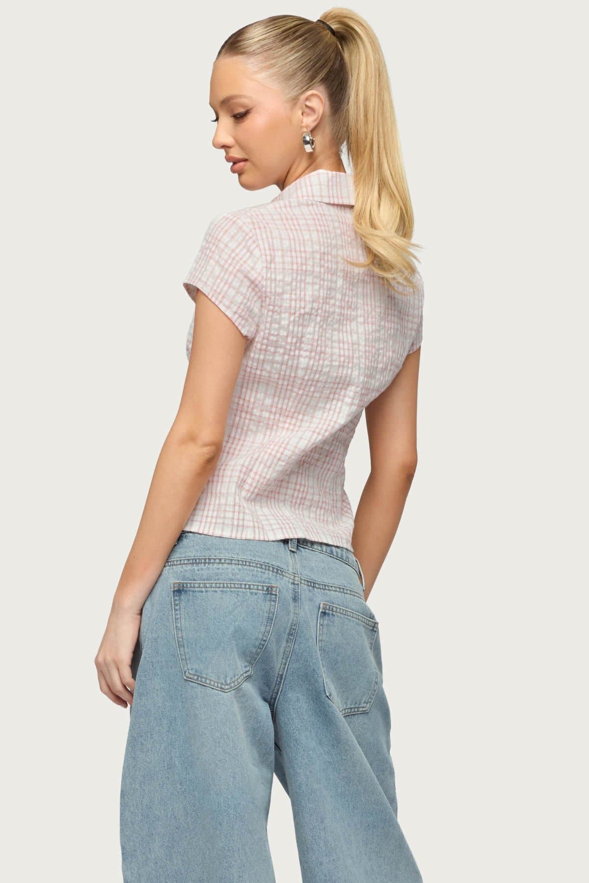 Naiah Plaid Tailored Button Up Shirt - Cotton Polyester with Classic Collar & Underbust Ruching