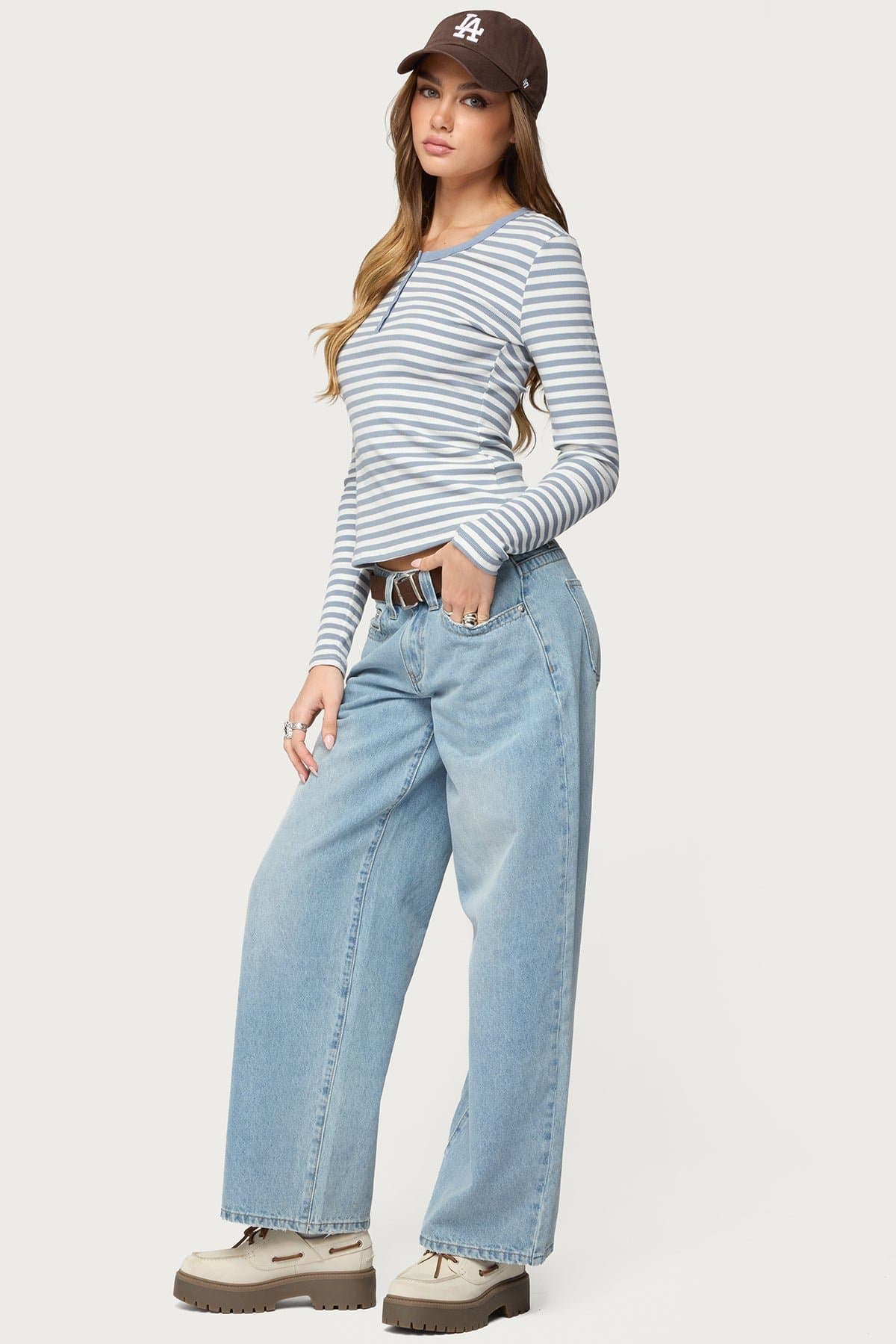 Roma Striped Henley Top - Long Sleeve Cotton Spandex with Contrast Trim