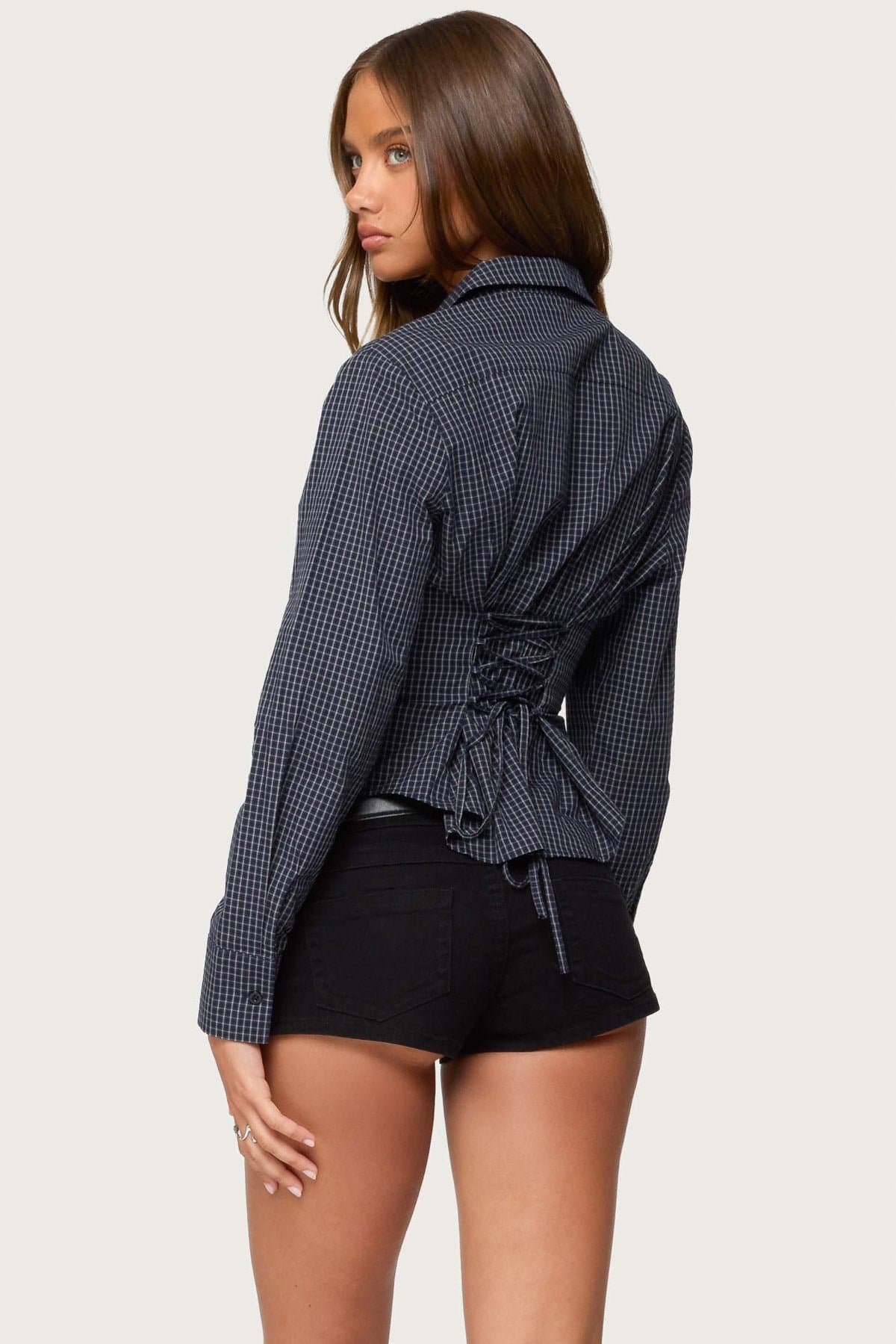 Lisbet Checkered Button Up Shirt - Cotton Polyester Tailored Cinched Waist Small Medium Large