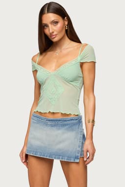 Shoulder Tie Lacey Sheer Mesh Top with Adjustable Straps, Lined Bust, Polyester Spandex
