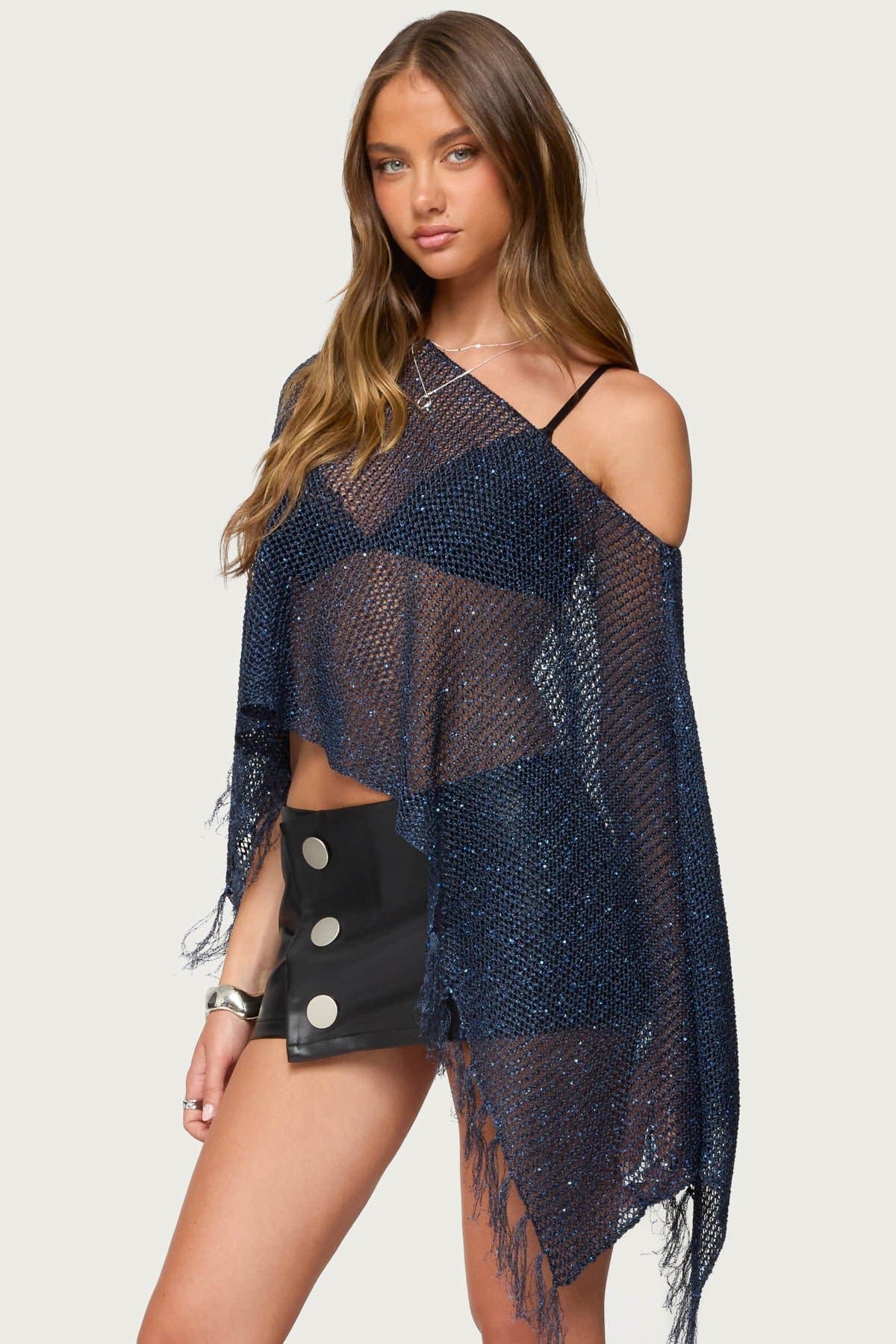 Sequin Fringe Knit Poncho - Boat Neckline, Open Knit Polyester