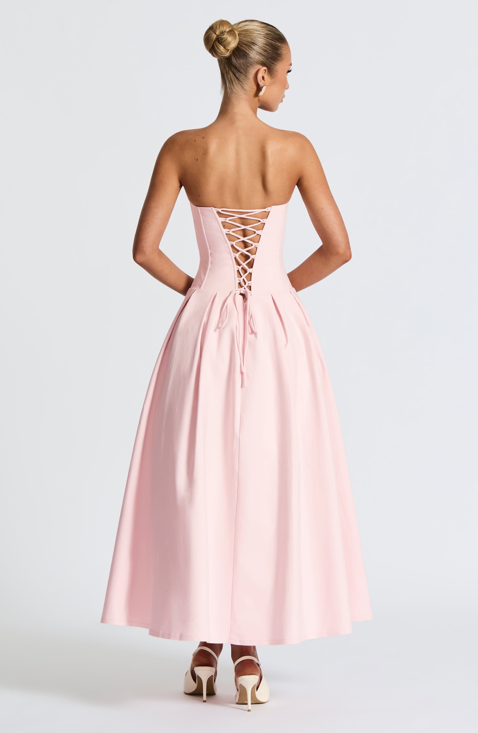 Salma Blush Stretch Bengaline Strapless Midi Dress with Pleated Skirt