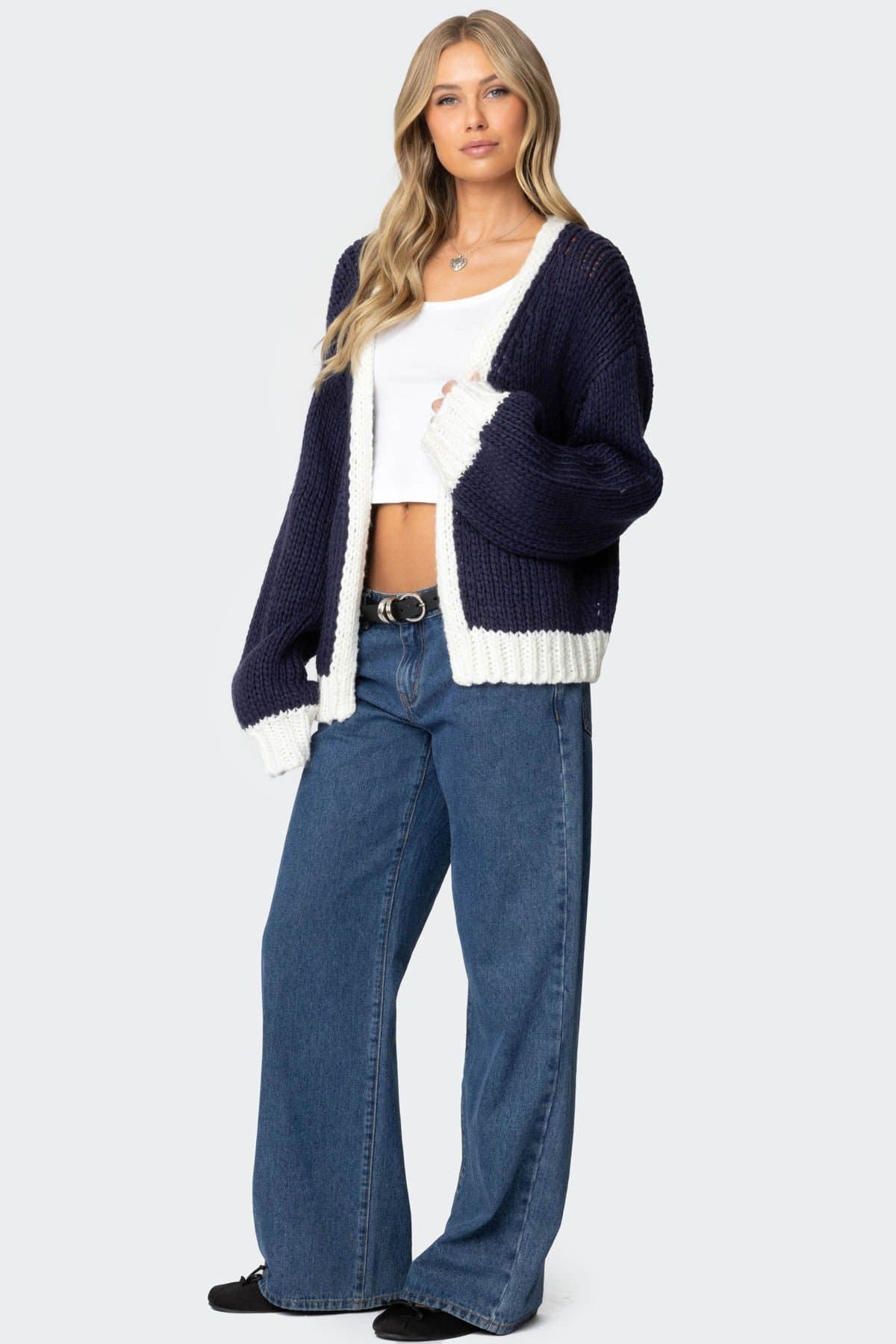 Contrast Chunky Knit Cardigan with Puff Sleeves Acrylic Fabric