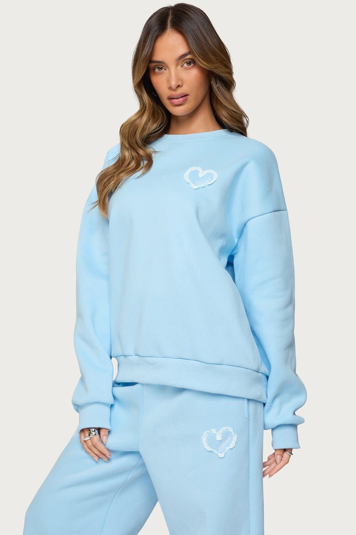 Love Edikted Oversized Crewneck Sweatshirt with Lace Heart Patch