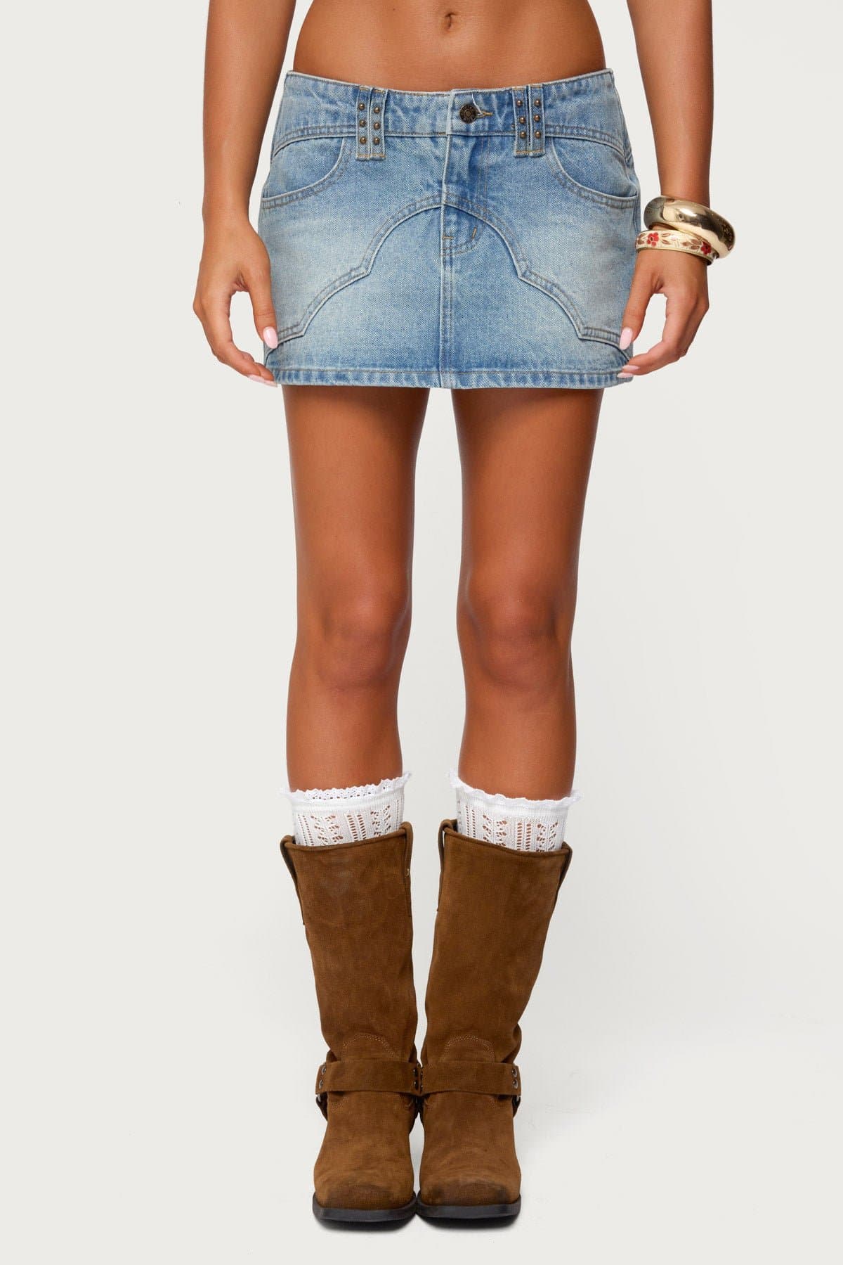 Tory Western Denim Mini Skirt with Stud and Stitch Detailing 100% Cotton