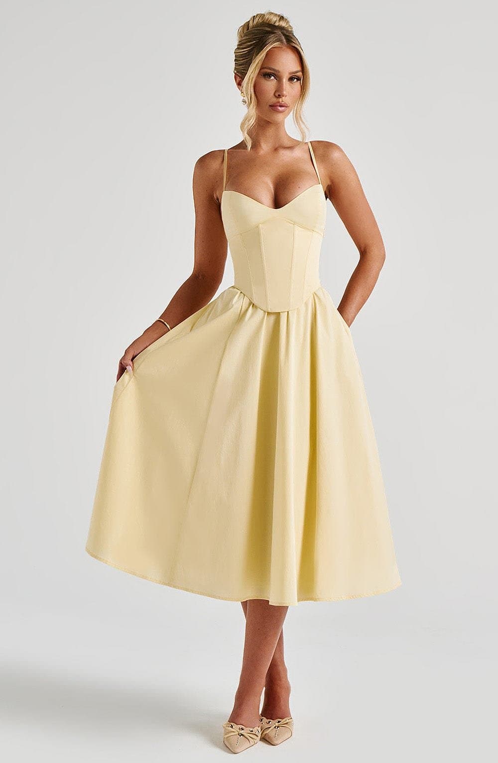 Mariella Midi Dress - Lemon - Sweetheart Neckline, Lace-Up Back, Cotton Nylon Blend