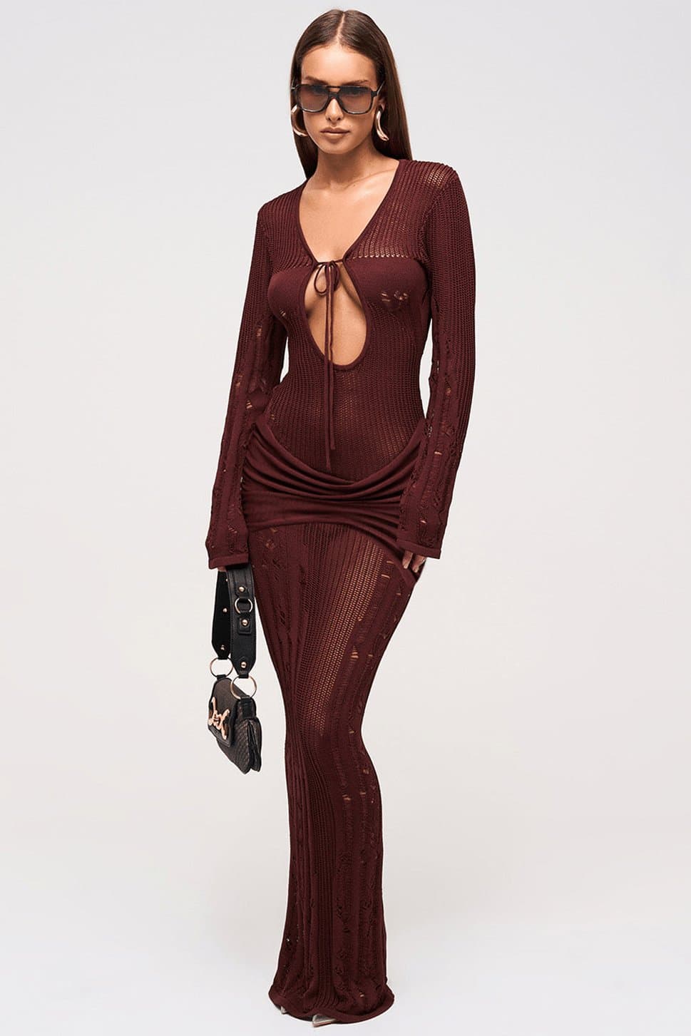 Mocha Knitted Maxi Dress with Laddered Panels, Keyhole Neckline, Full Length Sleeves