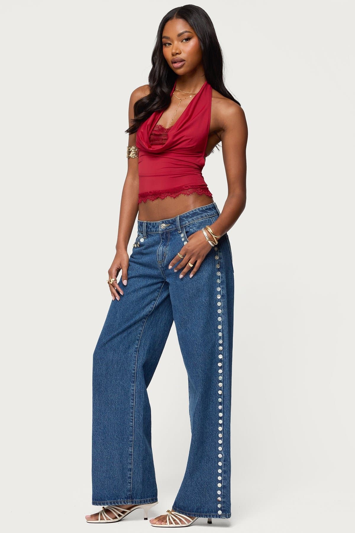 Layered Lacey Cowl Neck Halter Top with Back Tie Nylon Spandex