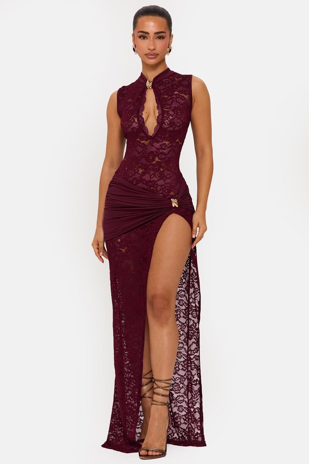 Onyx Lace Maxi Dress - Mock Neck, Thigh-High Split, Sheer Overlay, Gold Hardware