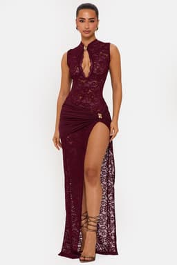 Onyx Lace Maxi Dress - Mock Neck, Thigh-High Split, Sheer Overlay, Gold Hardware