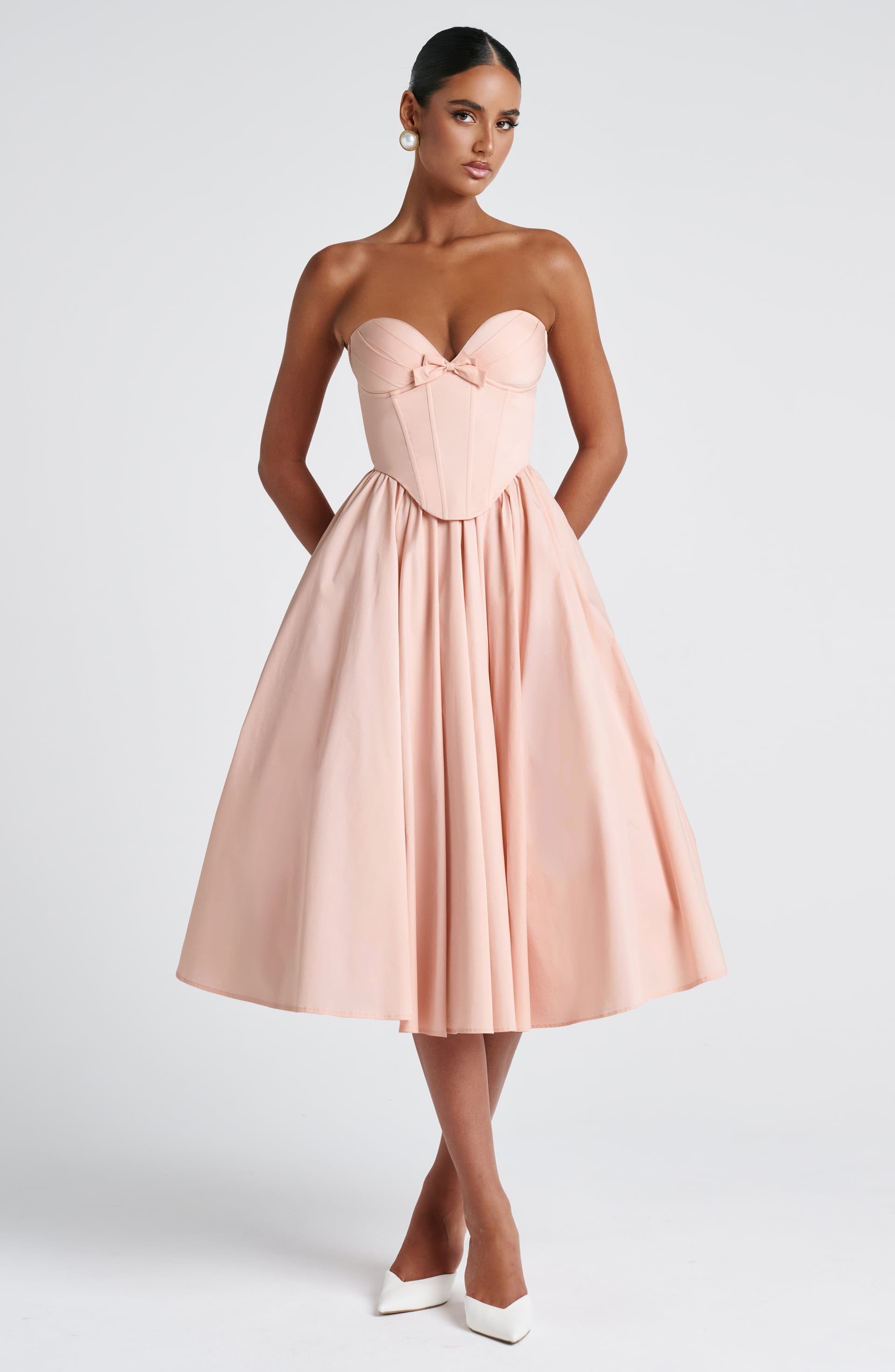 Prim Midi Dress Soft Peach Strapless Sweetheart Lace-Up Back