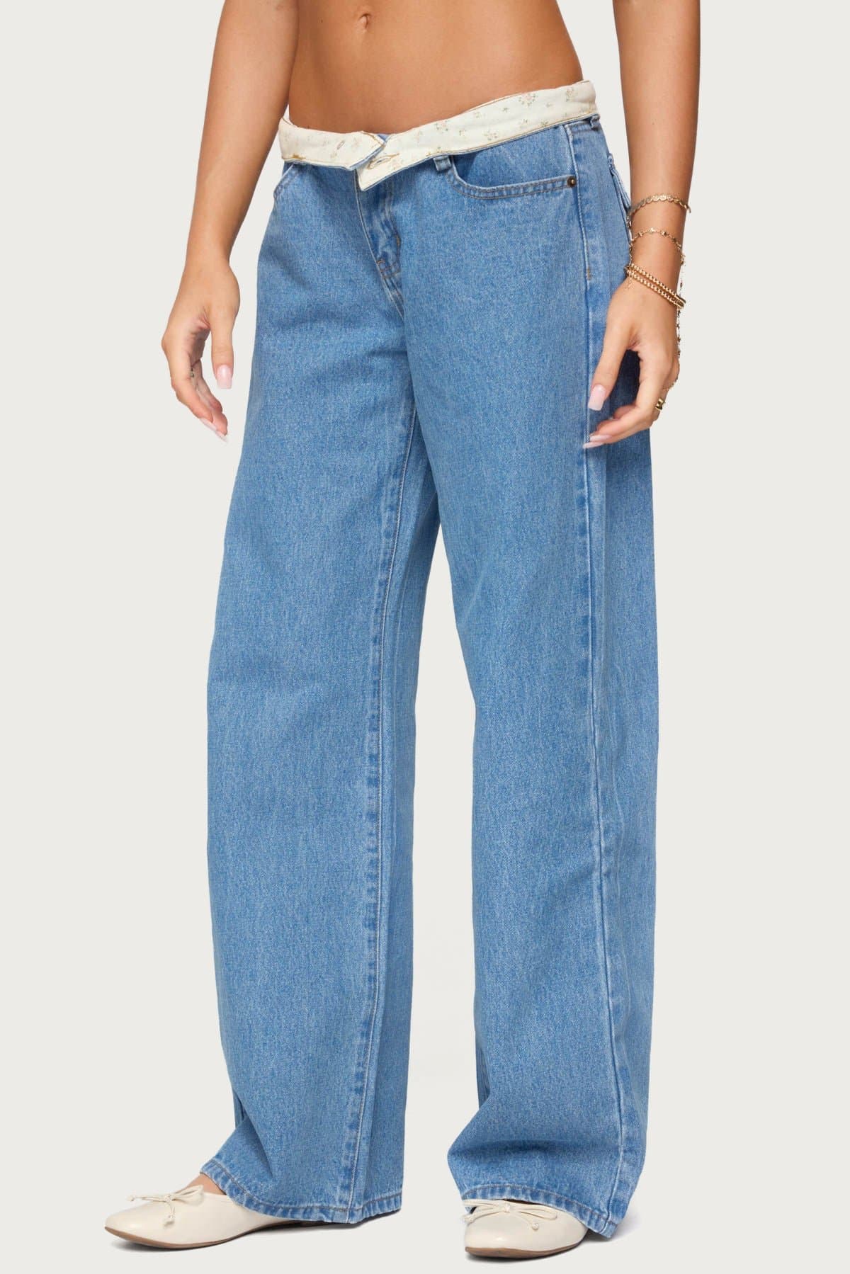 Floral Foldover Low Rise Baggy Jeans 100% Cotton Rigid Denim