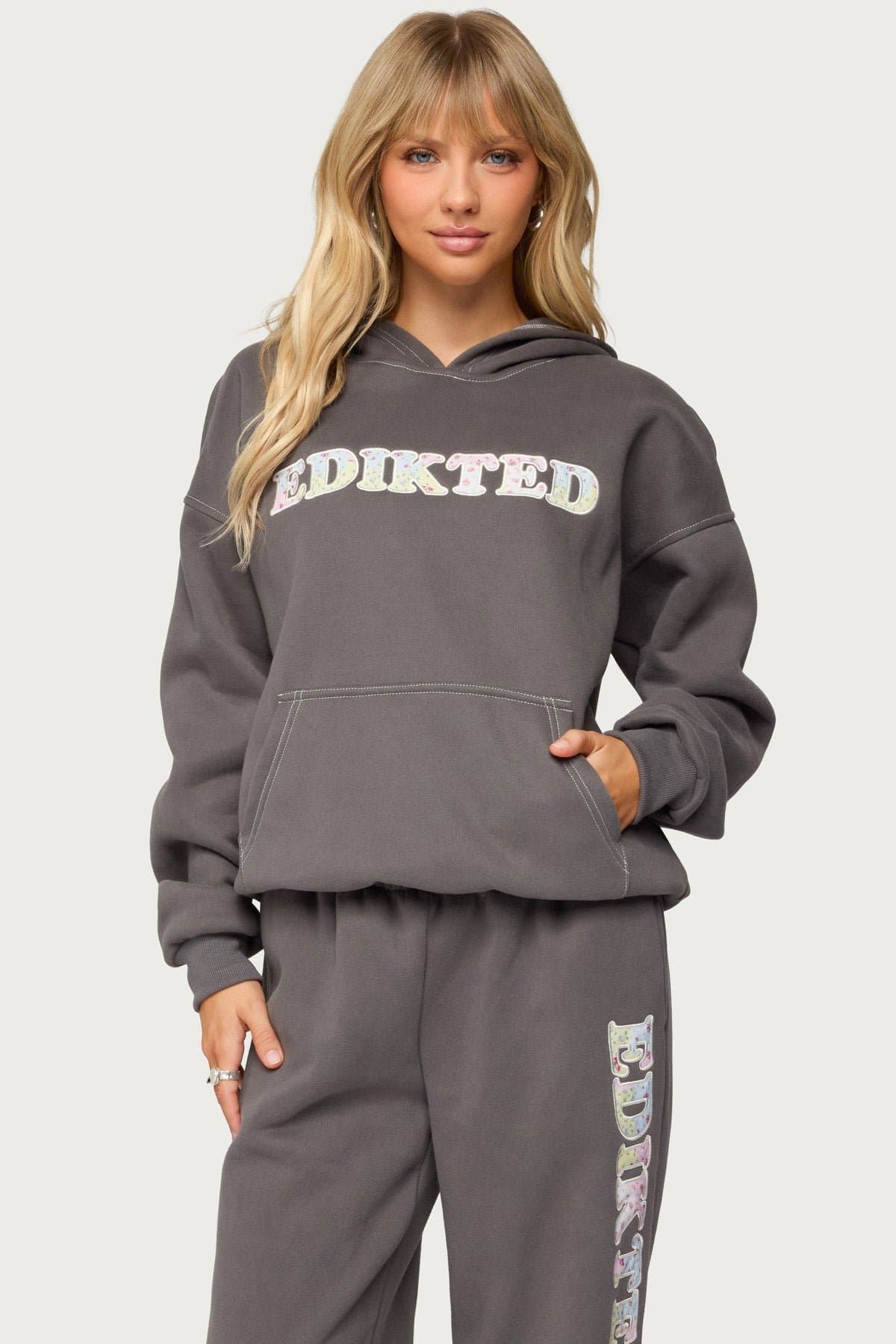 Mili Edikted Hoodie - Polyester Cotton Kangaroo Pocket Micro Floral Embroidery