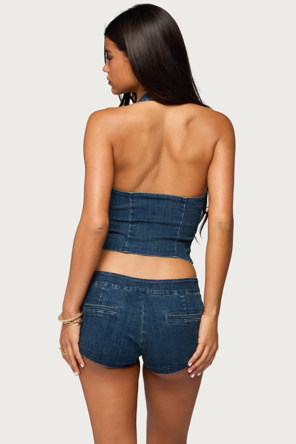 Sashe Button Up Denim Halter Top with Snap Neck Closure and Pockets