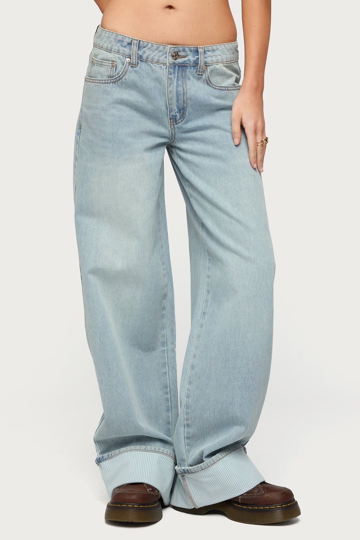 Contrast Heart Low Rise Baggy Jeans - Rigid Cotton Denim with Cuffed Hem