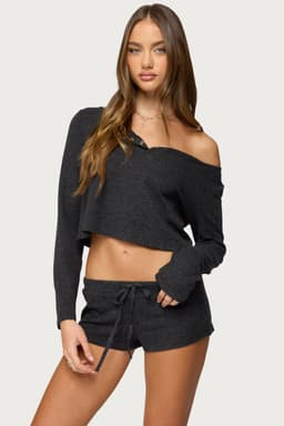 Teddy Cropped Waffle Top - Long Sleeve Henley Loungewear in Polyester Rayon Spandex