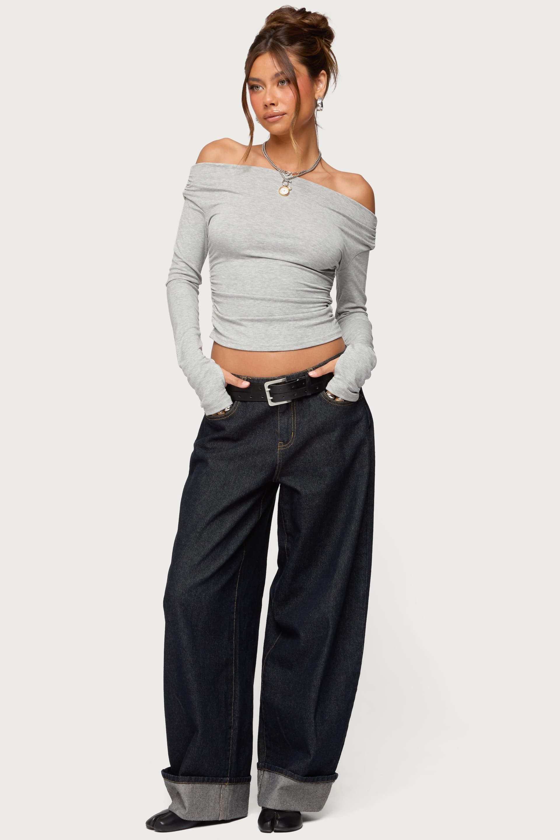 Milane Ruched Off Shoulder Long Sleeve Ribbed Top - Rayon Spandex