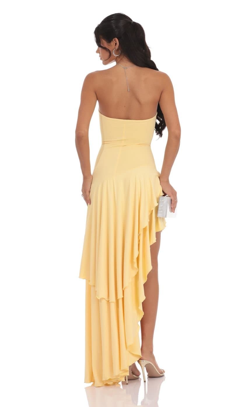 Strapless Ruffle Asymmetrical Maxi Dress in Yellow