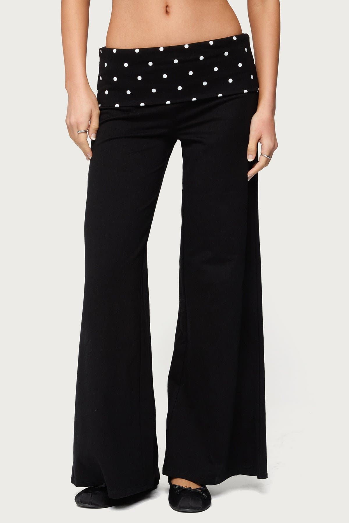 Petite Reeva Polka Dot Foldover Wide Leg Pants - Cotton Spandex