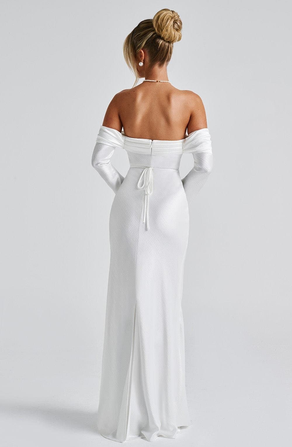 Selene Maxi Dress in Ivory - Textured Satin Bardot Neckline Long Sleeve