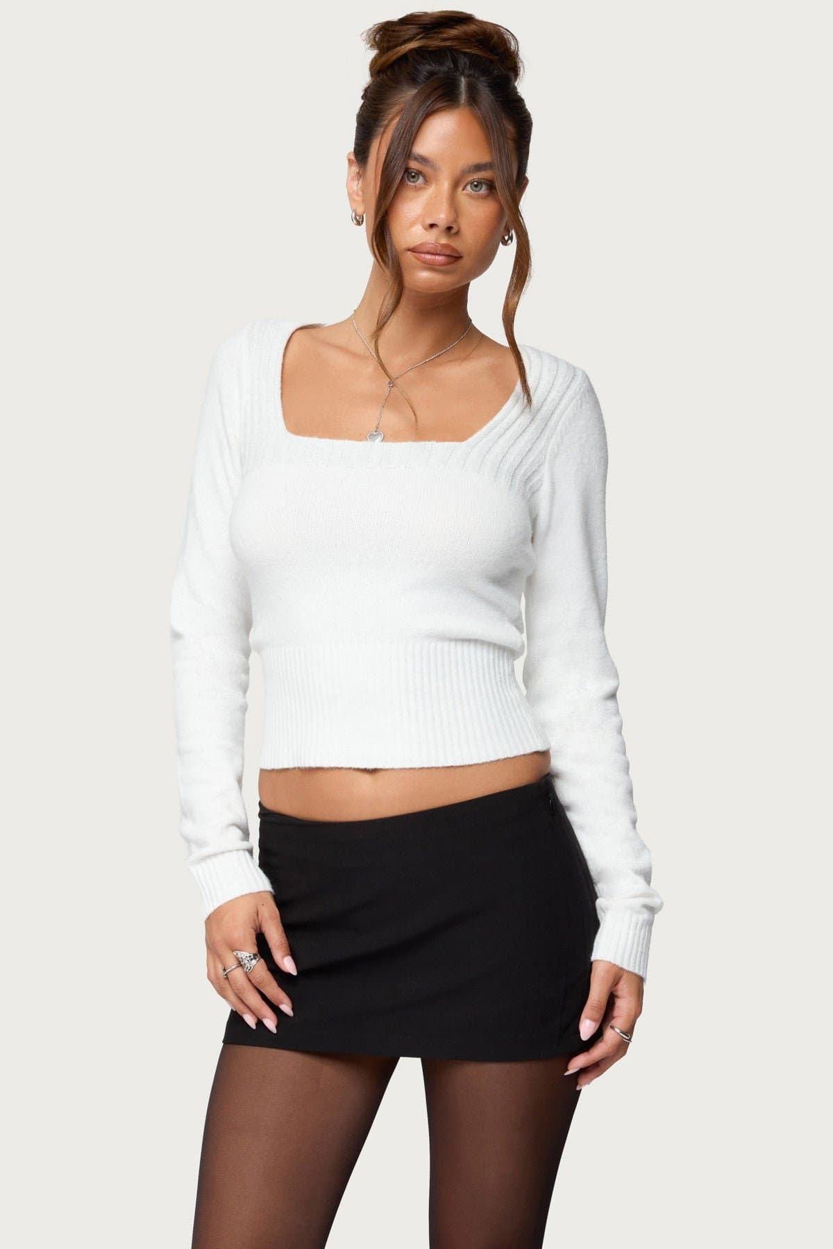 Kerry Square Neck Long Sleeve Knit Top - Polyester Rayon Spandex Ribbed