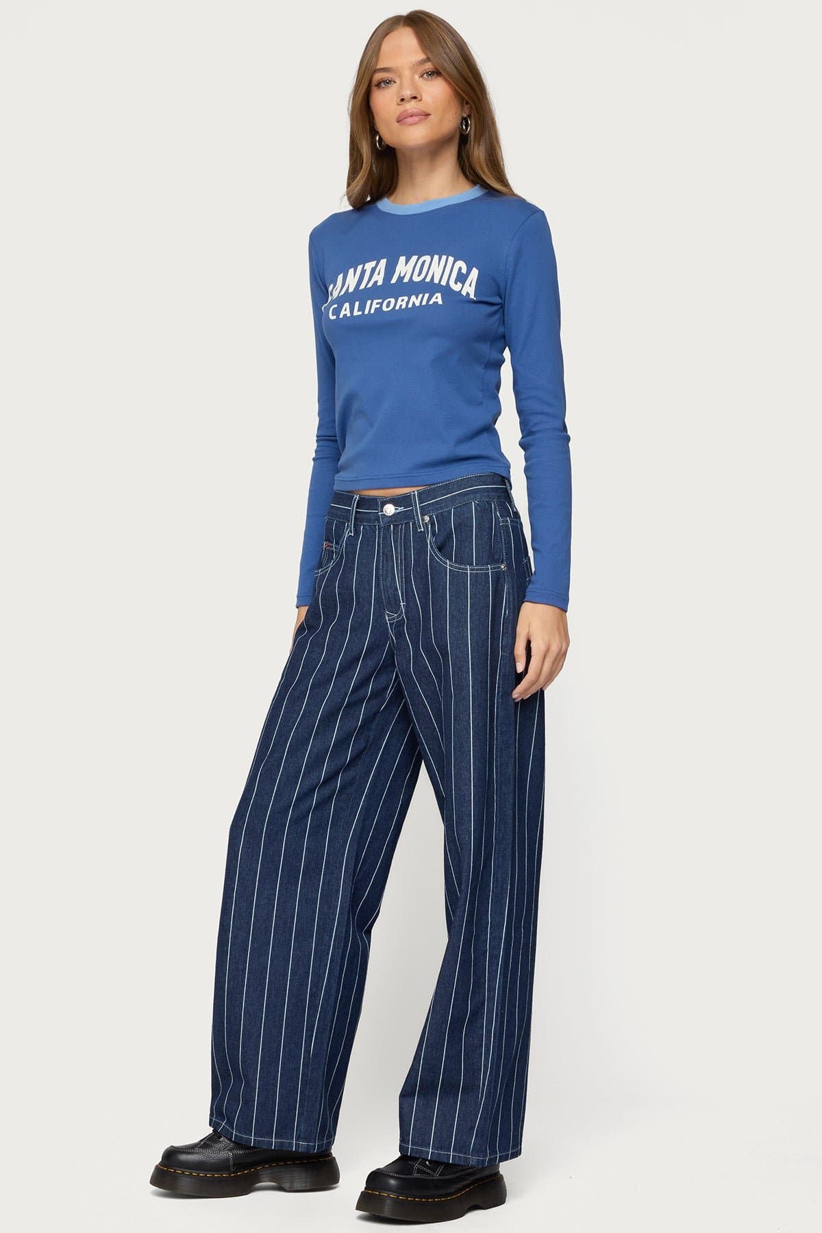 Kyler Pinstripe Mid Rise Baggy Jeans in Rigid 100% Cotton Denim