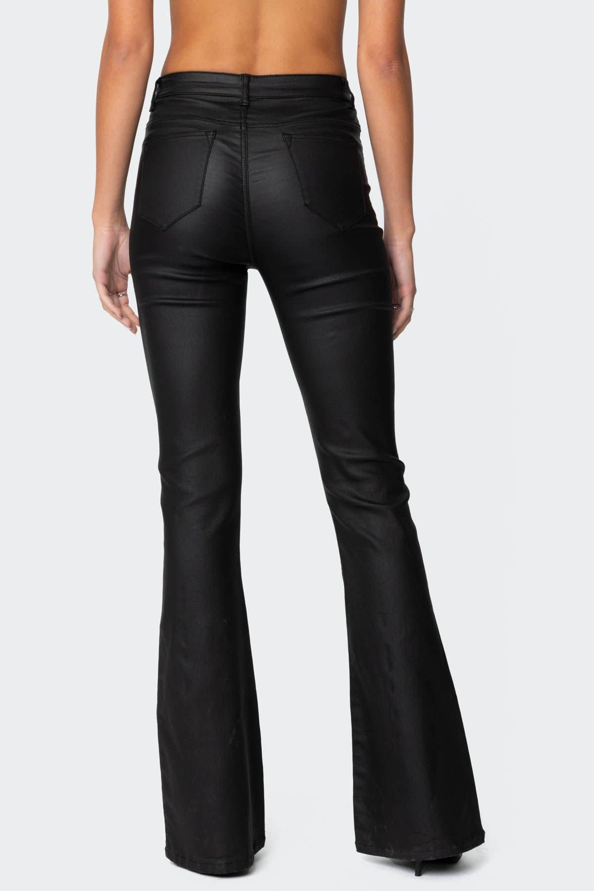 Luna Faux Leather Flare Jeans - Polyester Rayon Spandex Women's Bottoms