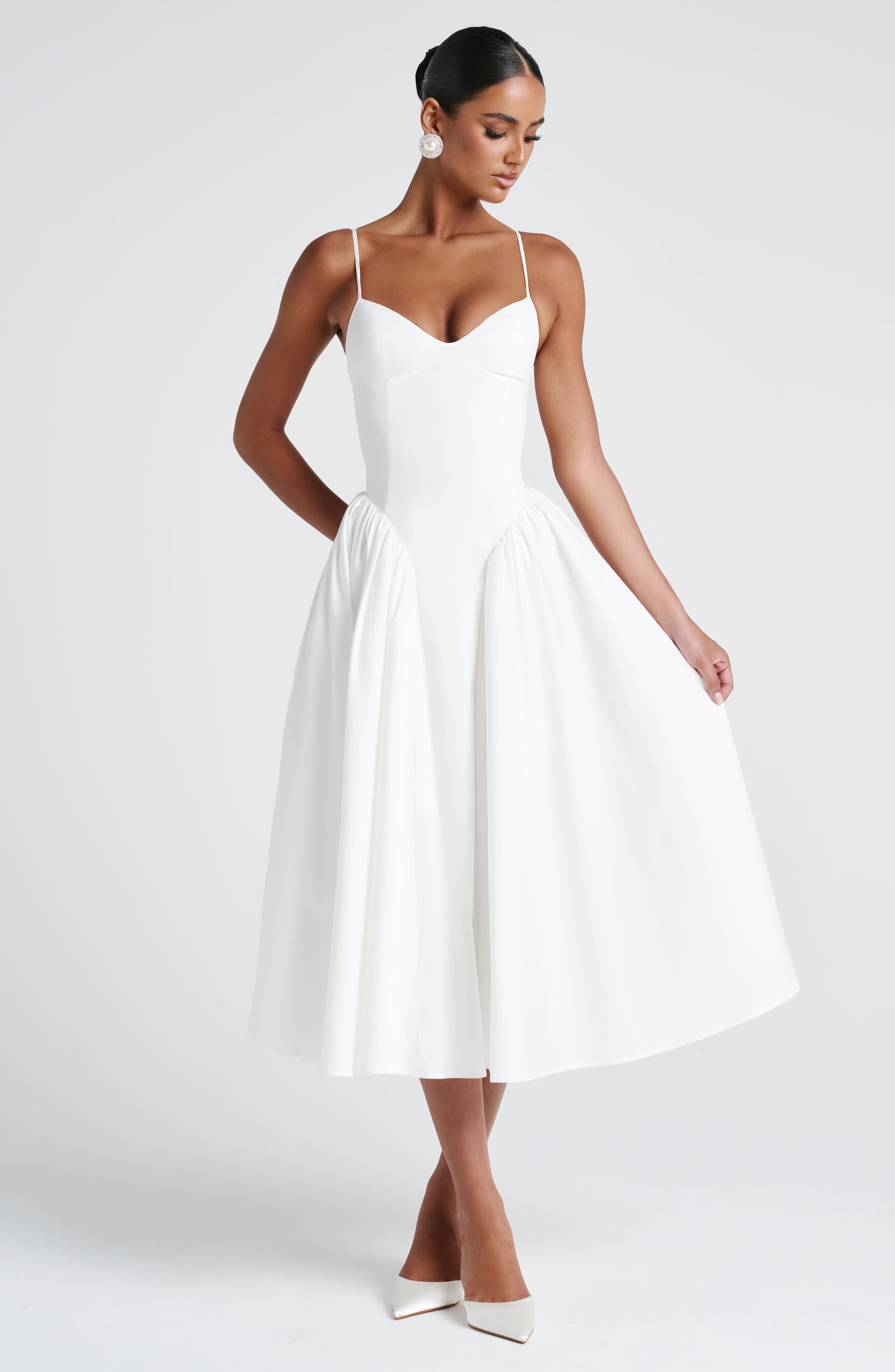 Emerson Midi Dress in Ivory - Sweetheart Neckline Lace-Up Back Dropped Waist