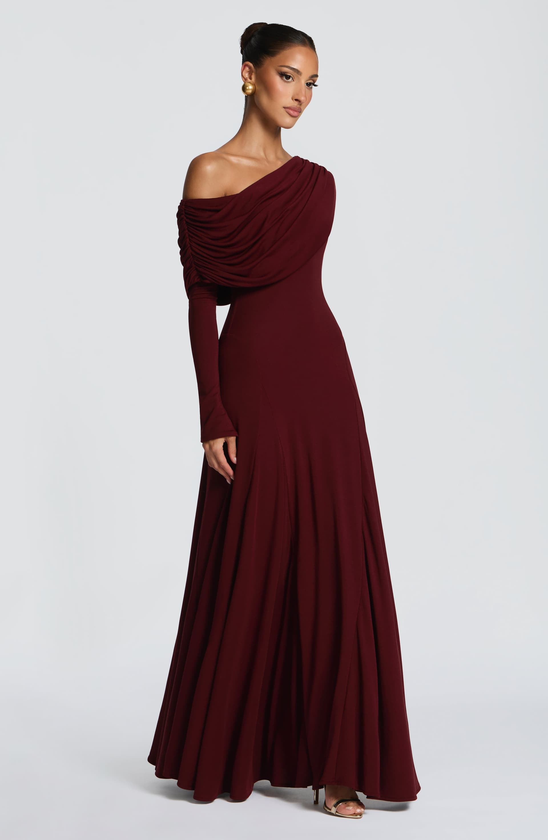 Rafaela Maxi Dress in Cherry Lacquer - Asymmetric Off-Shoulder Modal Jersey Long Sleeve