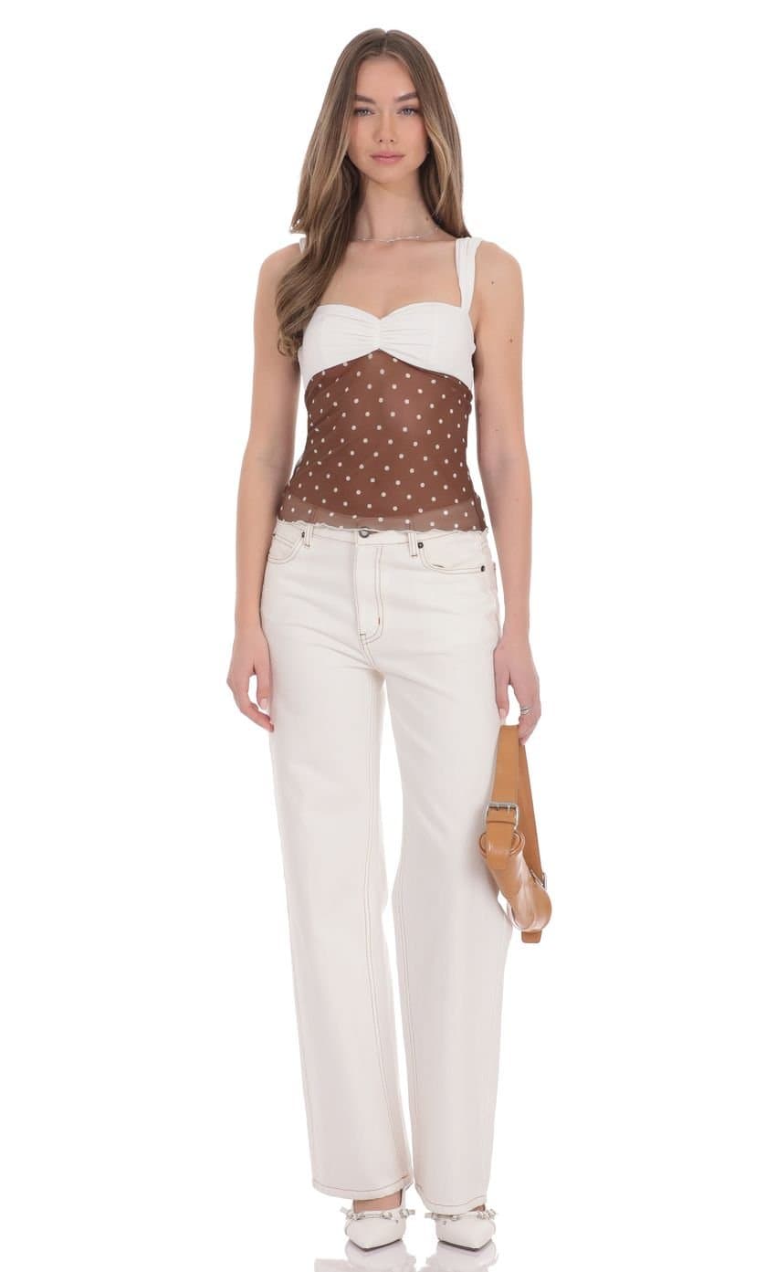 Two-Toned Mesh Polka Dot Top in Brown and White