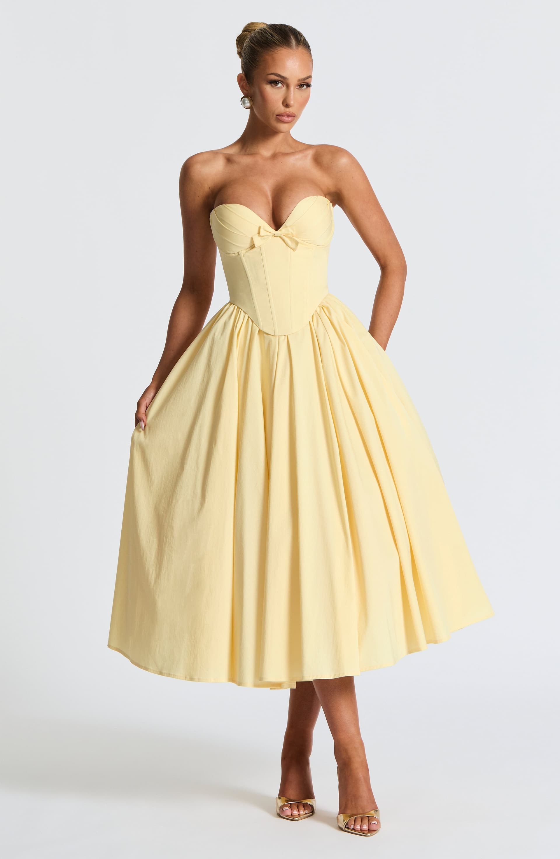 Prim Midi Dress Lemon Strapless Plunge Neckline Cotton Nylon