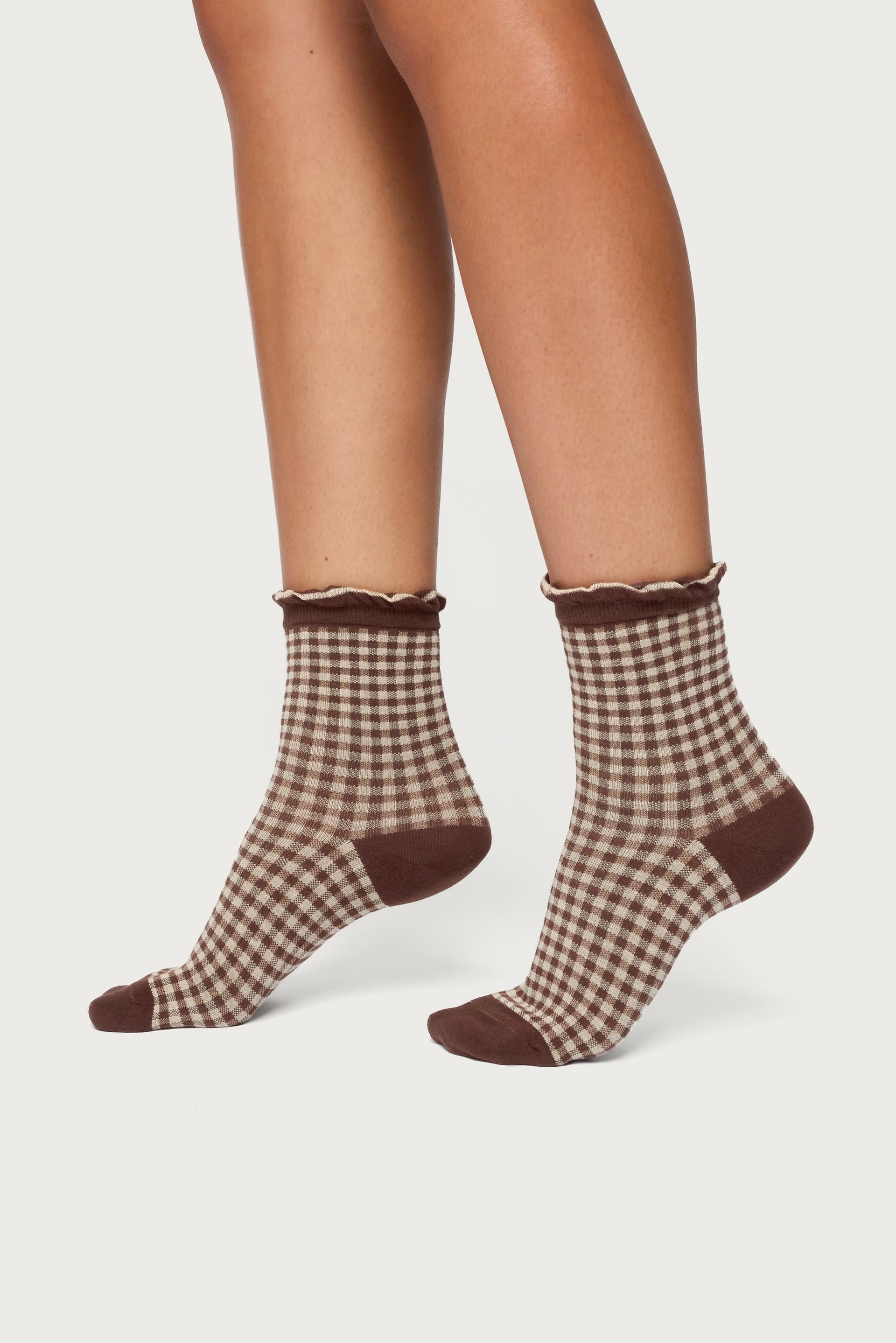 Frilled Gingham Socks - Cotton Polyester Spandex Blend, 10.2 Inch Length