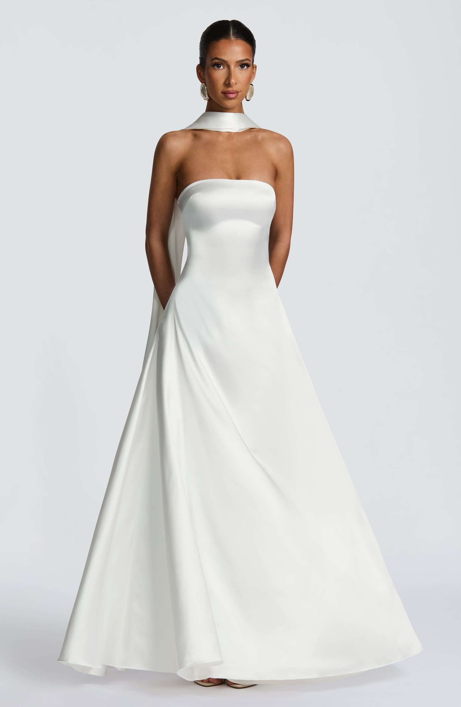 Morven Maxi Dress in Ivory - Strapless Satin A-Line with Lace-Up Back