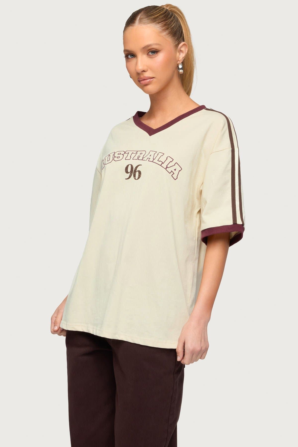 Australia 96 Contrast Oversized V-Neck T-Shirt 100% Cotton
