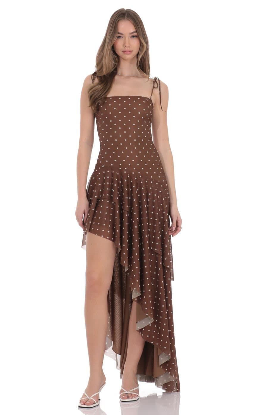 Polka Dot Asymmetrical Maxi Dress in Brown