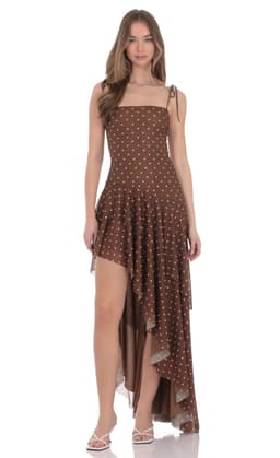 Polka Dot Asymmetrical Maxi Dress in Brown
