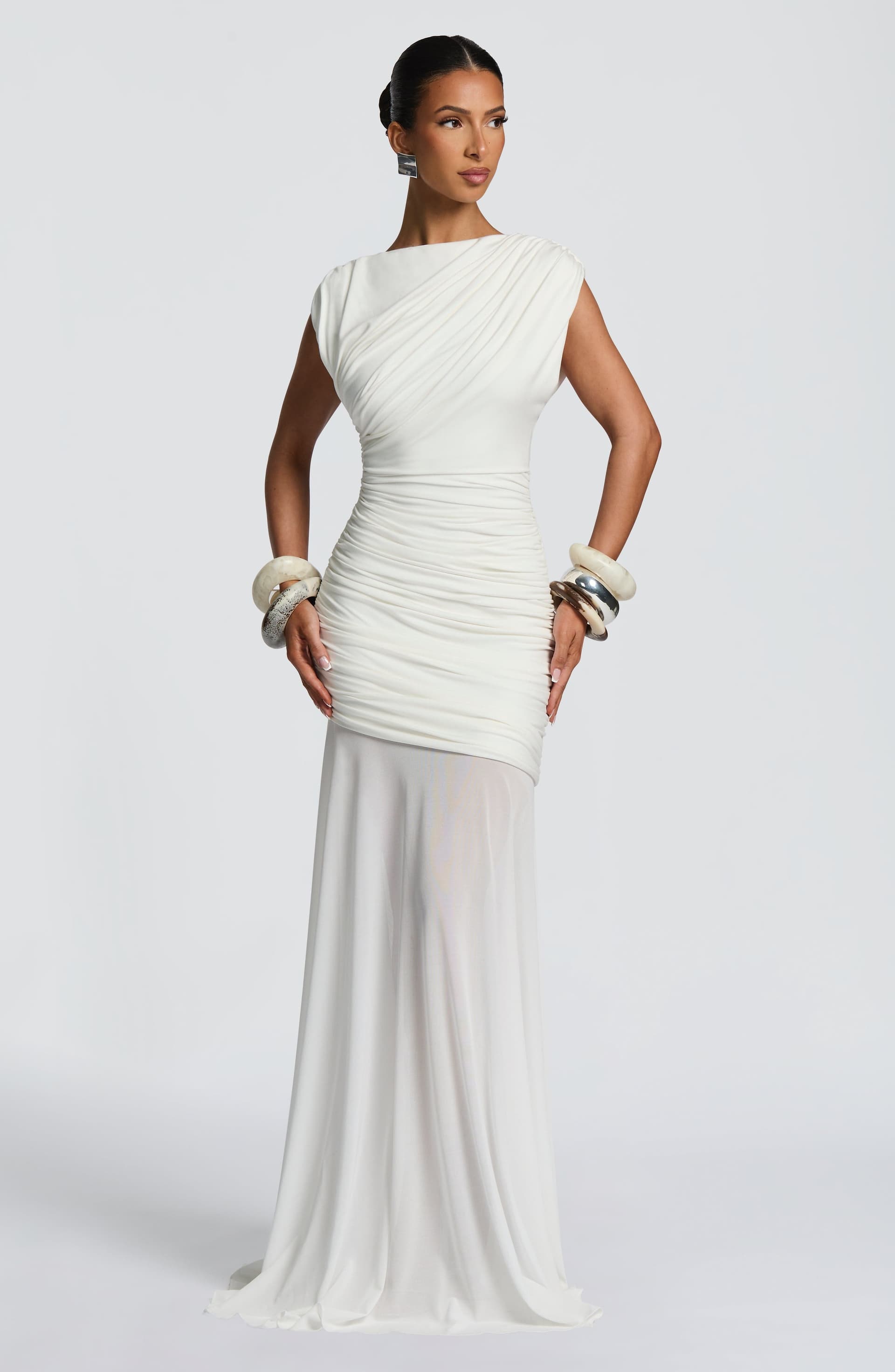 Demelza Maxi Dress in Ivory - Modal Jersey with Mesh, Boat Neck, Ruching
