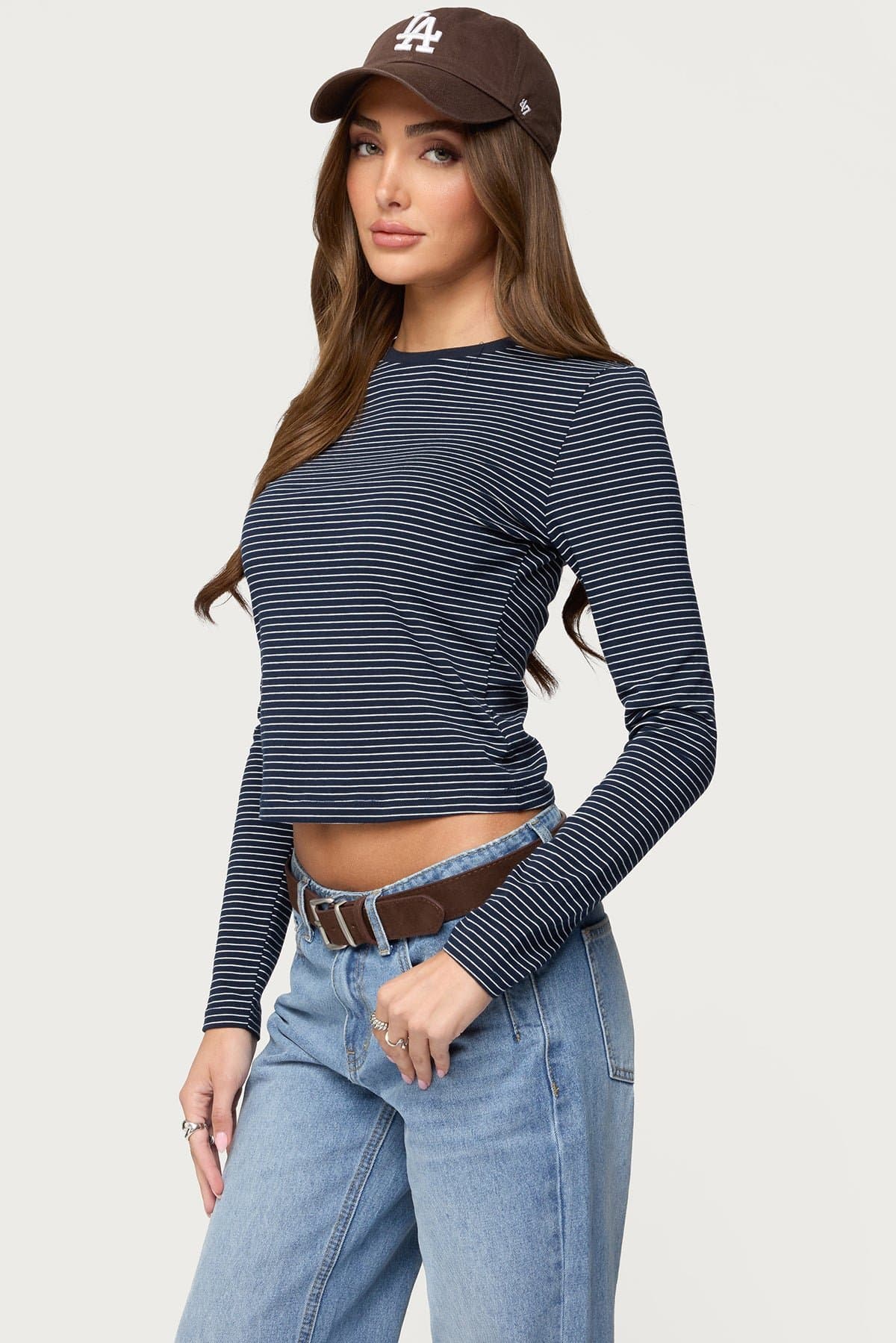 Brianna Striped Long Sleeve T-Shirt - Cotton Spandex Loungewear