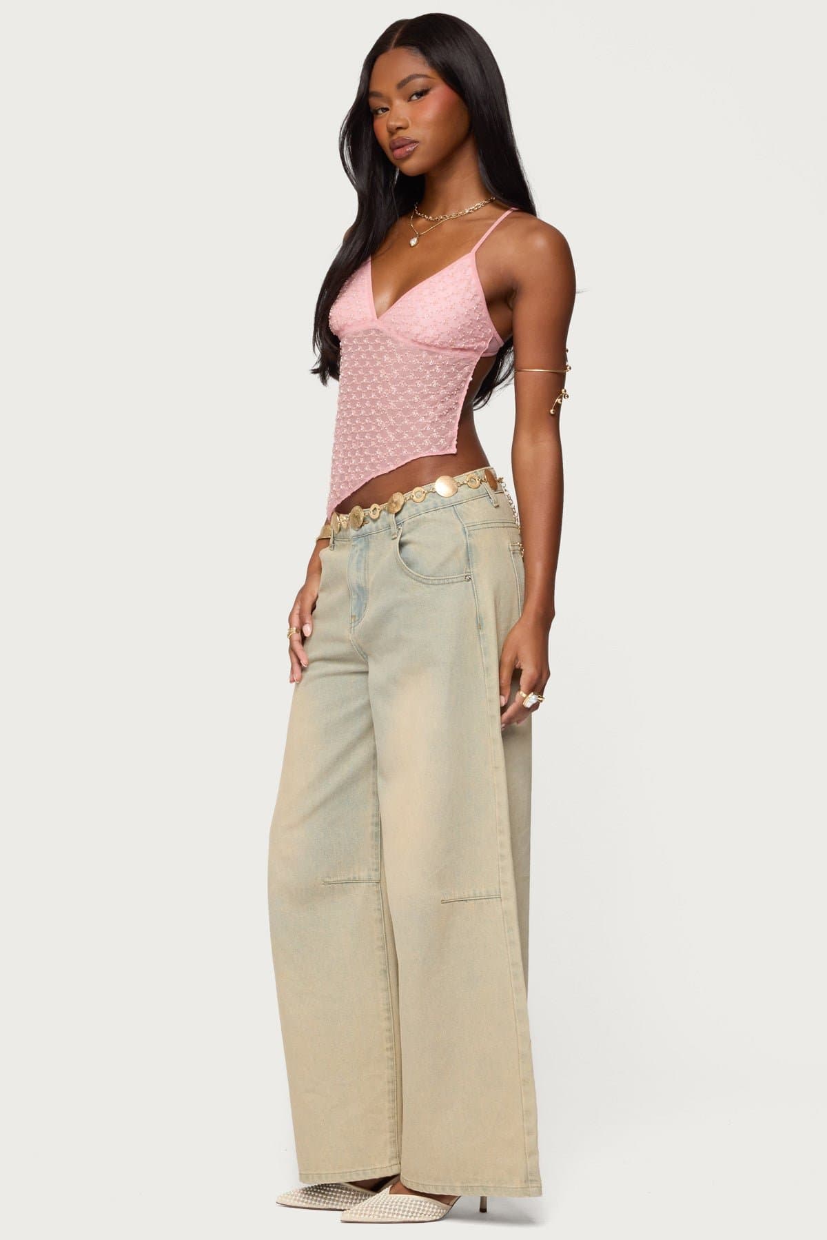 Beaded Mesh Asymmetric Backless Top with V-Neck and Back Tie Closure