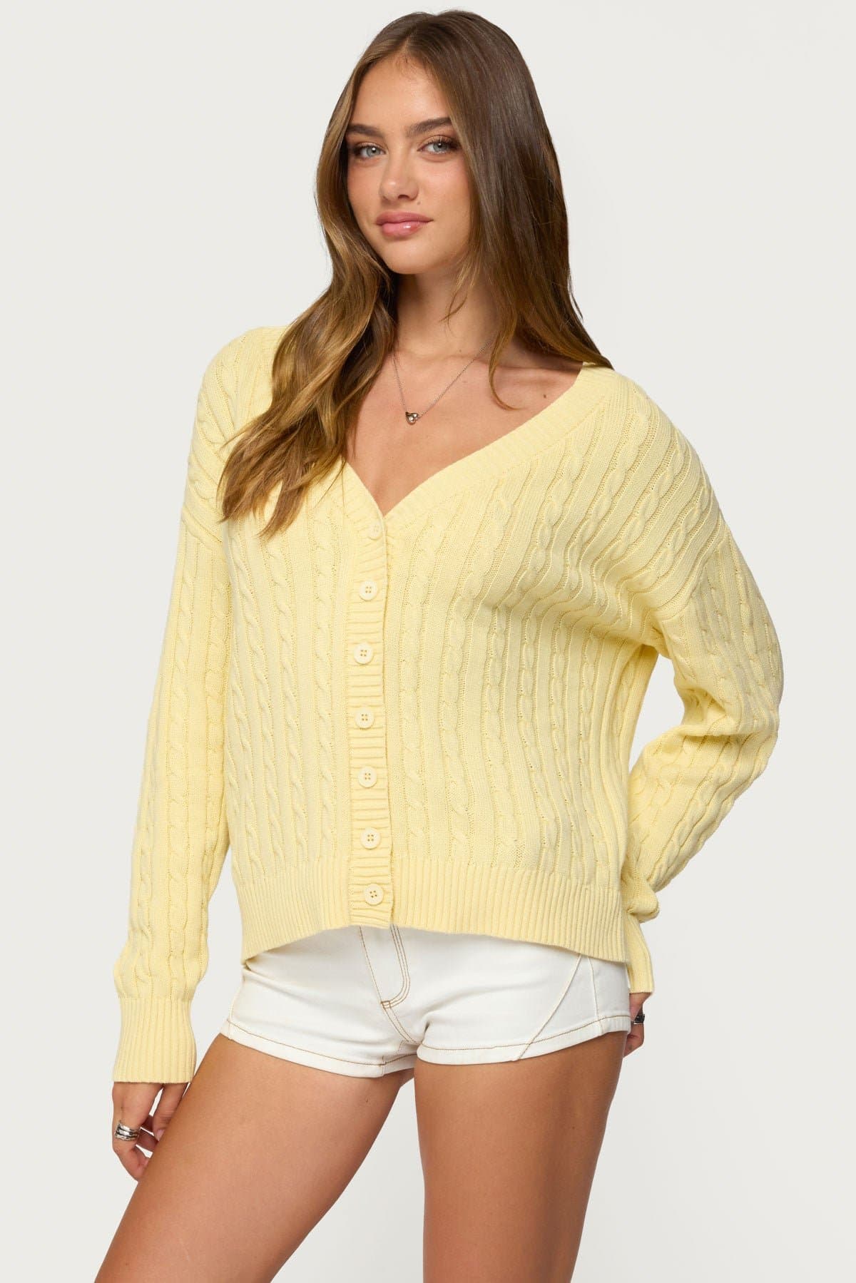 Francine Oversized V Neck Cotton Cardigan - Ribbed Cable Knit Button Front