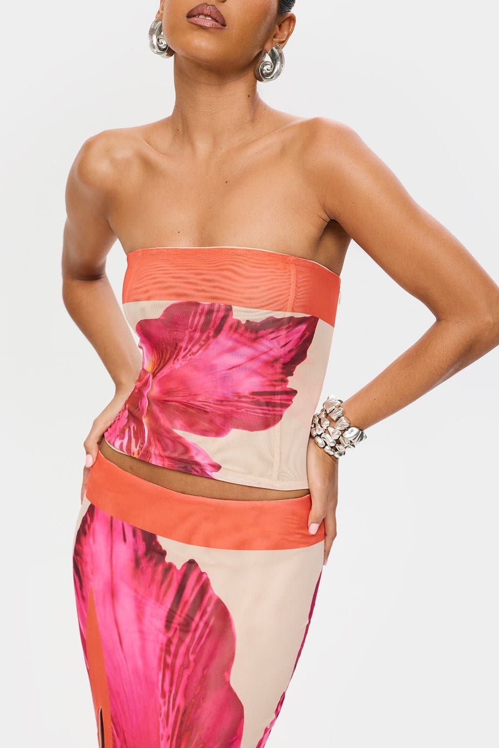 Havana Maxi Skirt with Bandeau Neckline, Lace Up Back, Double Layer Mesh, In-House Print