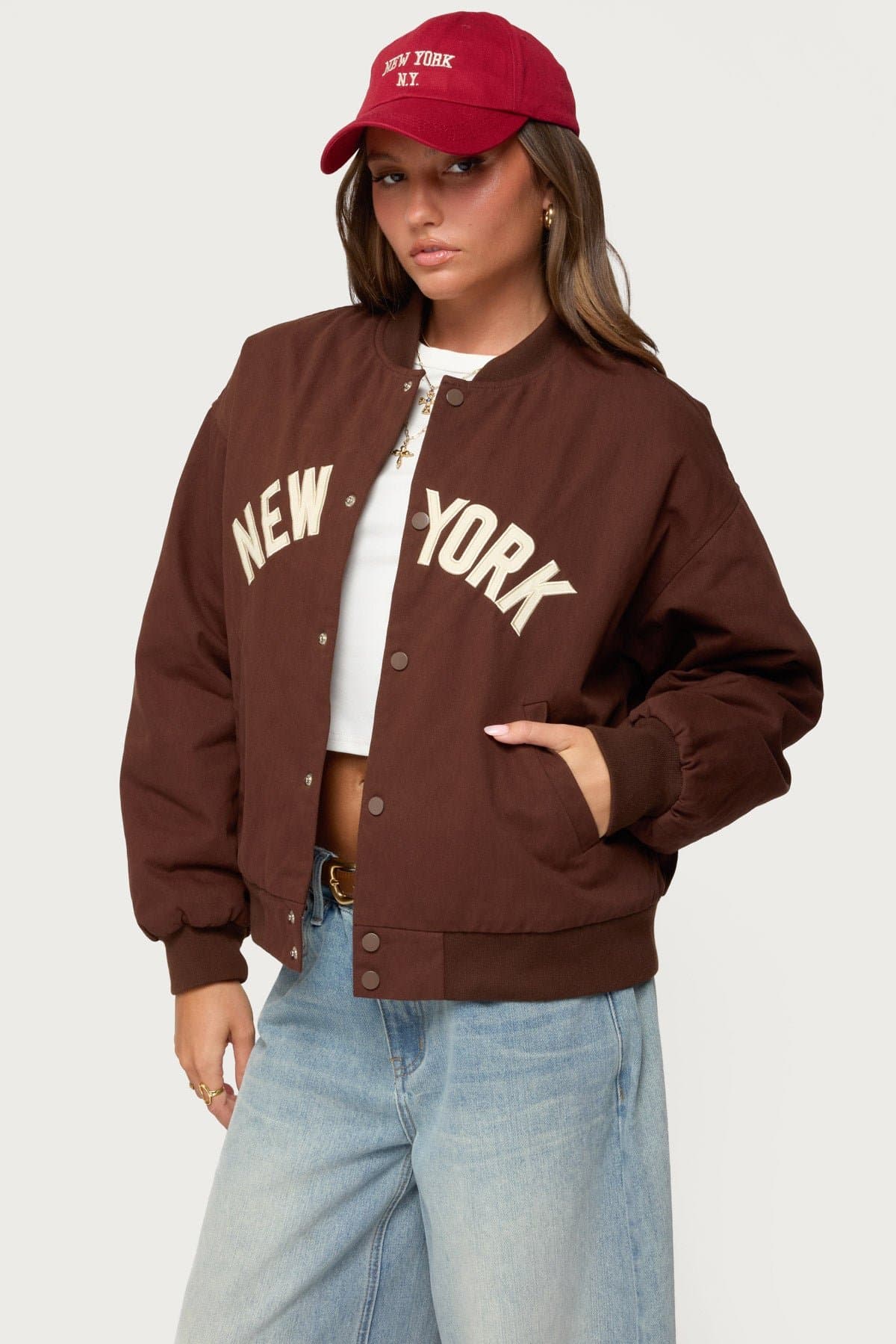 Big Apple Oversized Bomber Jacket 100% Cotton Embroidered Text Snap Buttons