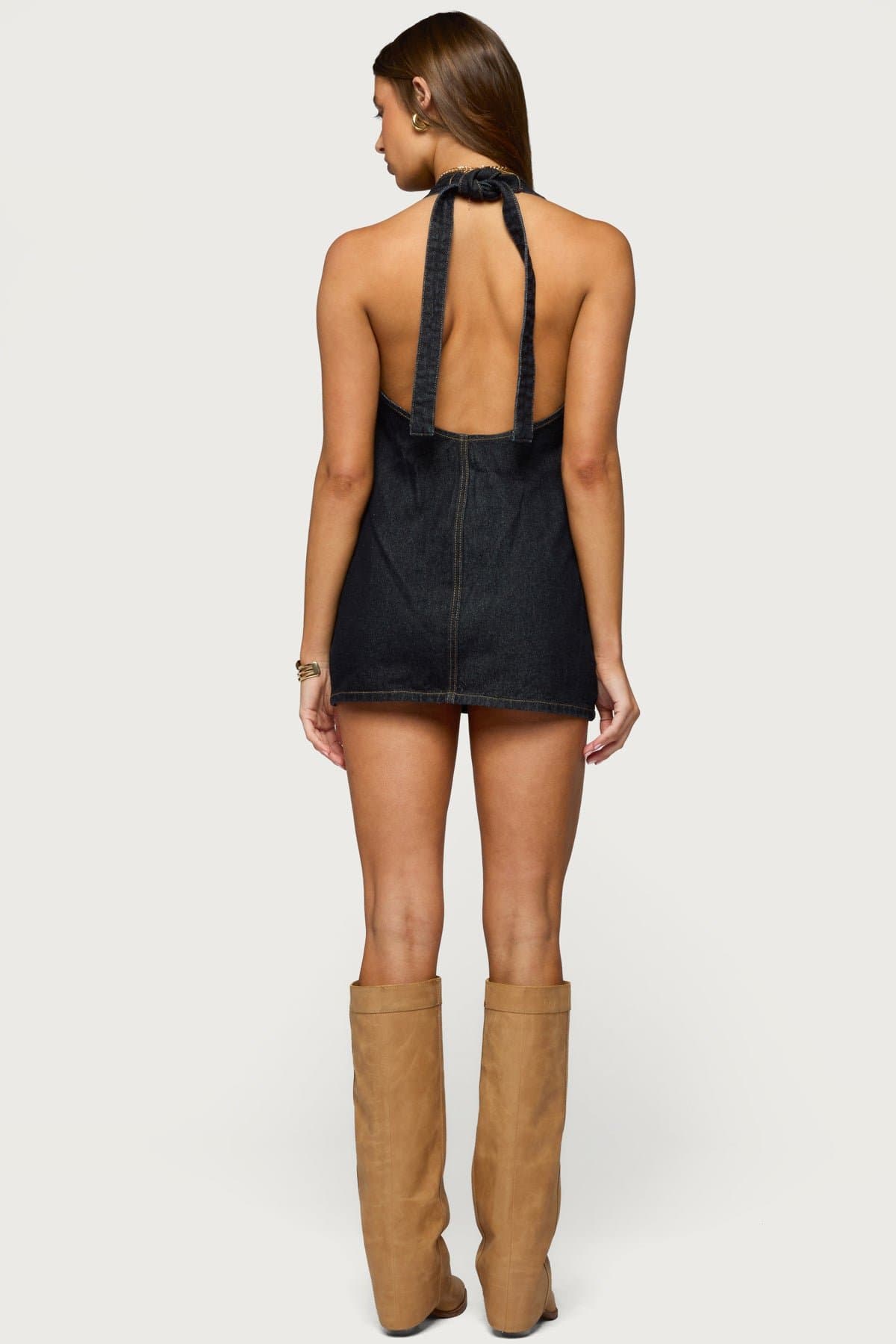 Destinee Denim Halter Mini Dress - 100% Cotton Open Back Button Front Pocket Detail