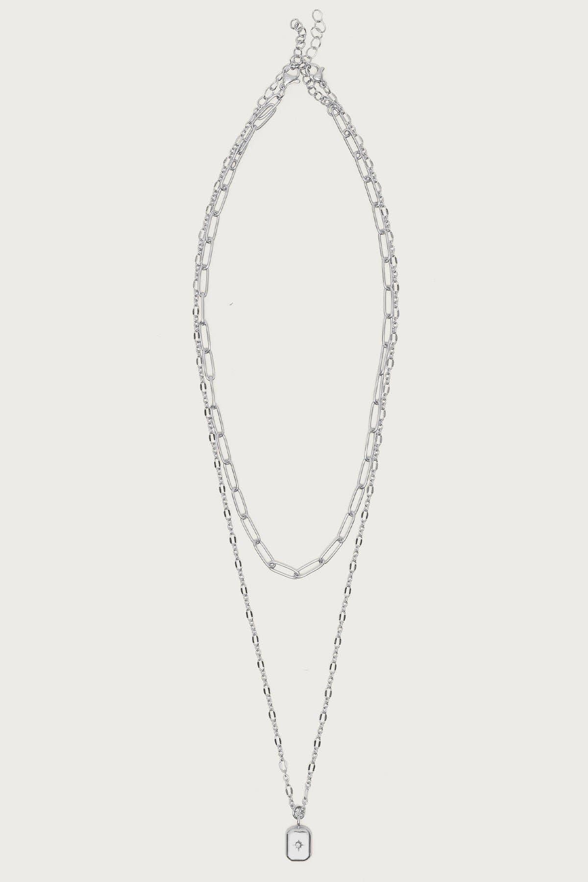 Starry Stack Necklace Set - Pack of 2 Silver Tone Chains with Star & Gemstone Pendants, 15.4-17.7" Adjustable